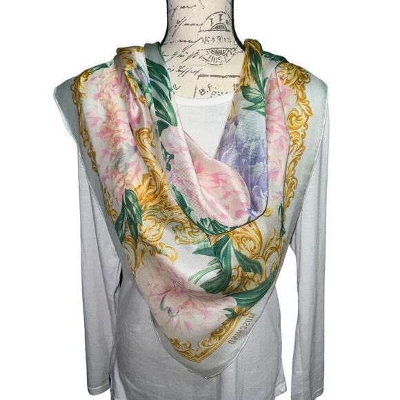 Moschino Vintage Square 100% Silk Scarf Gold Green Pink - Picture 1 of 16